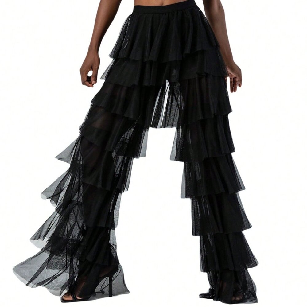 Black Boho Women's Y2k Sheer Flowy Mesh Wide Leg Pants